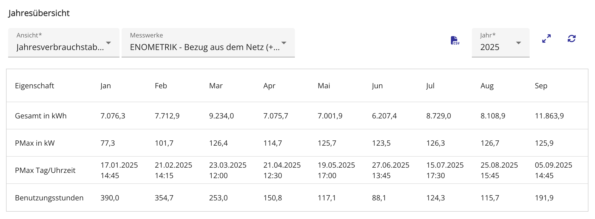 Jahresübersicht im enometrik-Kundenportal